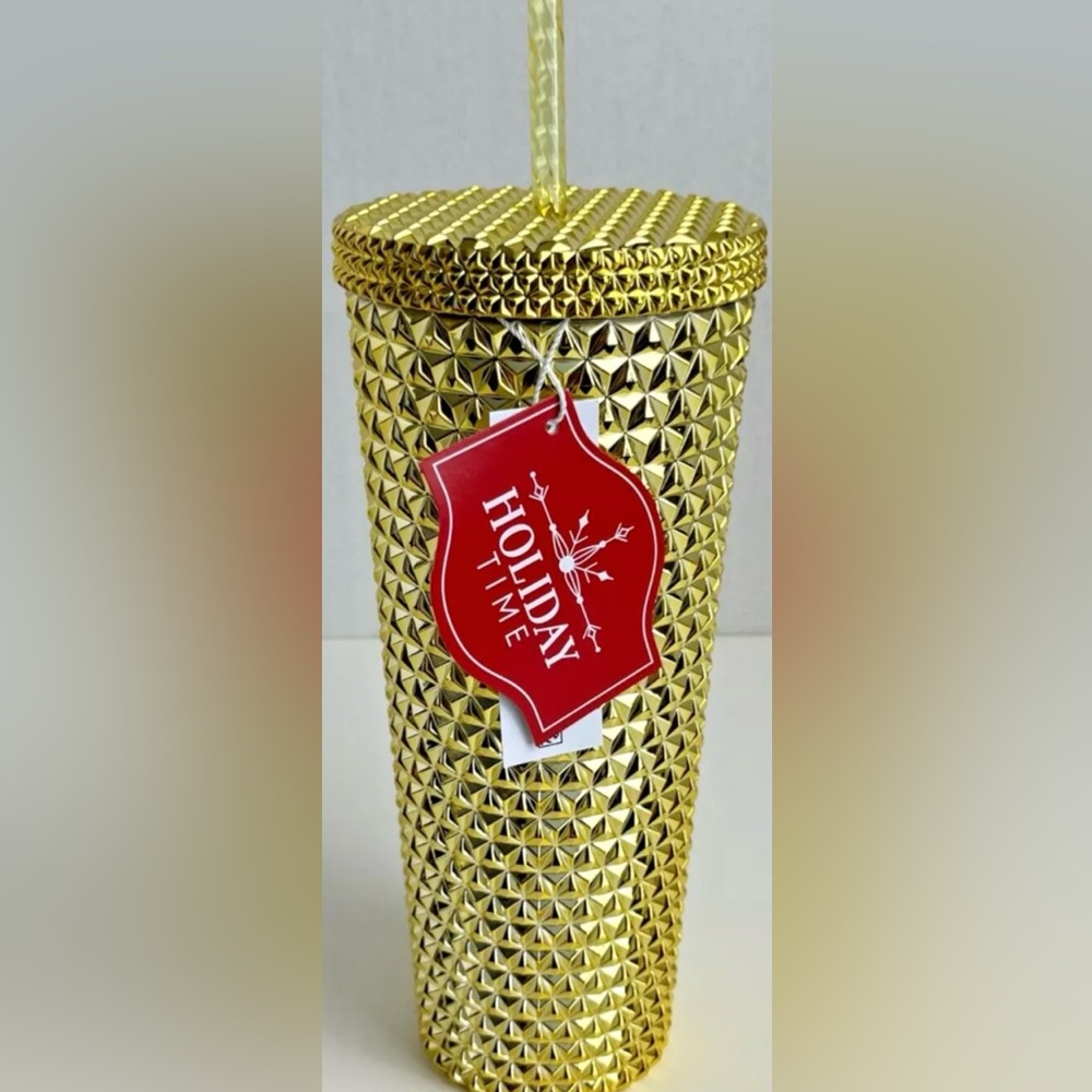 Tumbler Cup Straw Gold Textured Holiday Time 26oz Acrylic Iridescent Double Wall